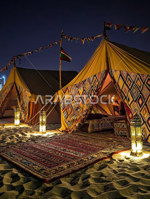 A wilderness outing and adventure, a quiet session in front of burning metal lanterns, a fun youthful camping atmosphere, soft golden sands and nature, a popular tent in desert areas, tourist camps in the deserts of the Kingdom of Saudi Arabia