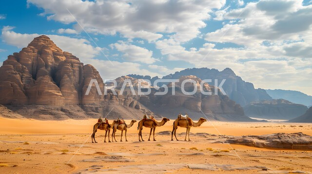 مجموعة من الجمال تسير فوق الكثبان الرملية في الصحراء، استخدام الإبل في التنقل في صحاري المملكة العربية السعودية، المناظر الطبيعية والرمال الذهبية الناعمة، الحياة البدوية الشعبية التقليدية, أماكن سياحية صحراوية