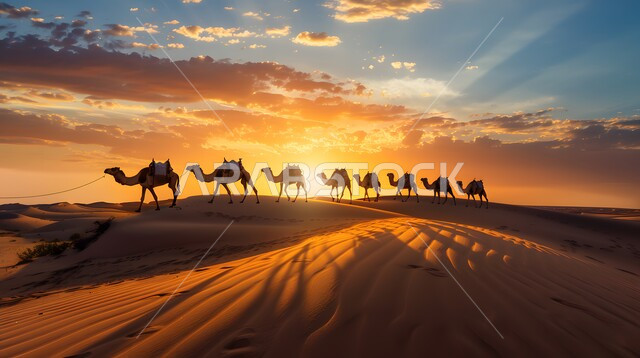 مجموعة من الجمال تسير فوق الكثبان الرملية في الصحراء، استخدام الإبل في التنقل في صحاري المملكة العربية السعودية، المناظر الطبيعية والرمال الذهبية الناعمة، الحياة البدوية الشعبية التقليدية, أماكن سياحية صحراوية