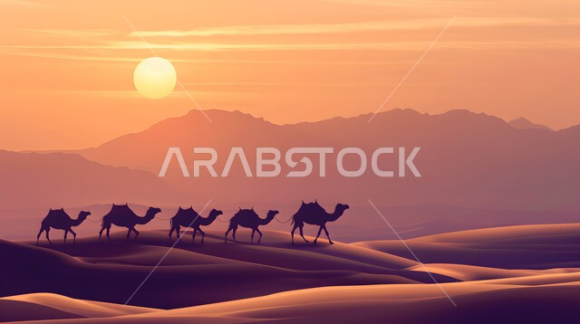 مجموعة من الجمال تسير فوق الكثبان الرملية في الصحراء، استخدام الإبل في التنقل في صحاري المملكة العربية السعودية، المناظر الطبيعية والرمال الذهبية الناعمة، الحياة البدوية الشعبية التقليدية, أماكن سياحية صحراوية