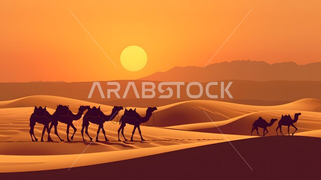 مجموعة من الجمال تسير فوق الكثبان الرملية في الصحراء، استخدام الإبل في التنقل في صحاري المملكة العربية السعودية، المناظر الطبيعية والرمال الذهبية الناعمة، الحياة البدوية الشعبية التقليدية, أماكن سياحية صحراوية