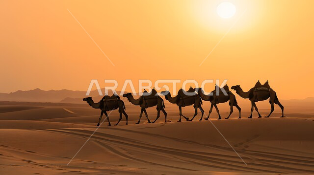 مجموعة من الجمال تسير فوق الكثبان الرملية في الصحراء، استخدام الإبل في التنقل في صحاري المملكة العربية السعودية، المناظر الطبيعية والرمال الذهبية الناعمة، الحياة البدوية الشعبية التقليدية, أماكن سياحية صحراوية