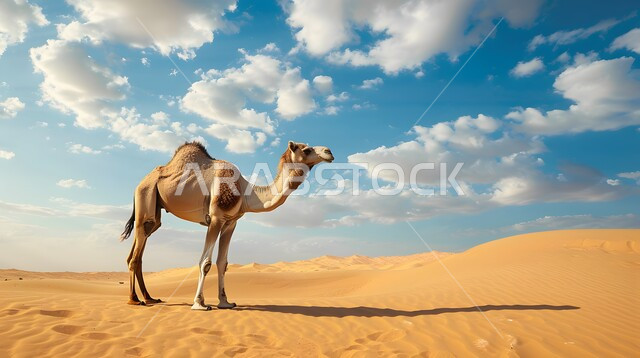 جمل عربي أصيل يسير وسط الصحراء، تربية الجمال والابل في المحميات الطبيعية في المملكة العربية السعودية ، التلال و الكثبان الرملية، الرمال الذهبية الناعمة، الاهتمام ورعاية المواشي والثدييات في الصحاري