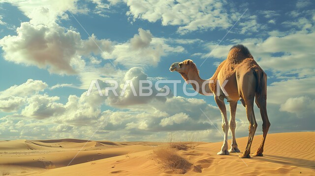 Purebred Arabian camel walking in the middle of the desert, camel and dromedary breeding in the nature reserves in the Kingdom of Saudi Arabia, hills and sand dunes, soft golden sand, care and maintenance of livestock and mammals in the desert