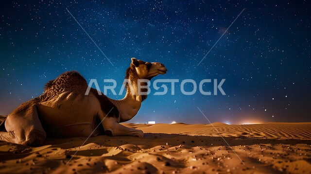 جمل عربي أصيل يسير وسط الصحراء، تربية الجمال والابل في المحميات الطبيعية في المملكة العربية السعودية ، التلال و الكثبان الرملية، الرمال الذهبية الناعمة، الاهتمام ورعاية المواشي والثدييات في الصحاري