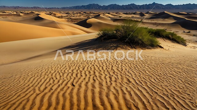 الكثبان والتلال الرملية الناعمة المتشكلة في الصحاري الخليجية, التضاريس والبيئة الجافة في مناطق الطبيعة الصحراوية، التكوينات والتشكيلات من الرمال الذهبية الناعمة في الصحراء العربية الواسعة في وقت النهار
