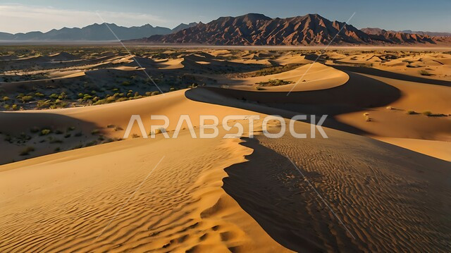 Soft sand dunes and hills formed in the Gulf deserts, topography and dry environment in desert natural areas, formations and formations of soft golden sand in the vast Arabian desert during the day