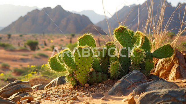 نبات الصبار الشوكي على الرمال الذهبية الناعمة في المناطق الصحراوية، نمو الشوكيات والأعشاب في براري المملكة العربية السعودية، النباتات والمزروعات البرية في المحميات الطبيعية، القمم والمرتفعات الجبلية في الصحراء، خلفية الطبيعة