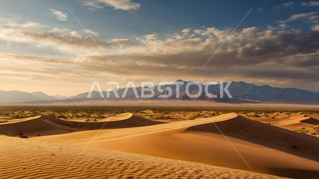 التكوينات والتشكيلات من الرمال الذهبية الناعمة في الصحراء العربية الواسعة في وقت النهار، التضاريس والبيئة الجافة في مناطق الطبيعة الصحراوية، الكثبان والتلال الرملية الناعمة المتشكلة في الصحاري الخليجية