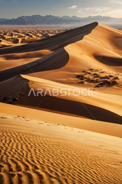 التكوينات والتشكيلات من الرمال الذهبية الناعمة في الصحراء العربية الواسعة في وقت النهار، التضاريس والبيئة الجافة في مناطق الطبيعة الصحراوية، الكثبان والتلال الرملية الناعمة المتشكلة في الصحاري الخليجية