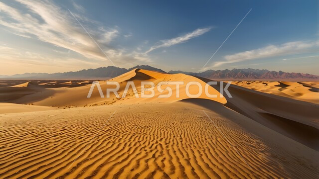 التكوينات والتشكيلات من الرمال الذهبية الناعمة في الصحراء العربية الواسعة في وقت النهار، التضاريس والبيئة الجافة في مناطق الطبيعة الصحراوية، الكثبان والتلال الرملية الناعمة المتشكلة في الصحاري الخليجية