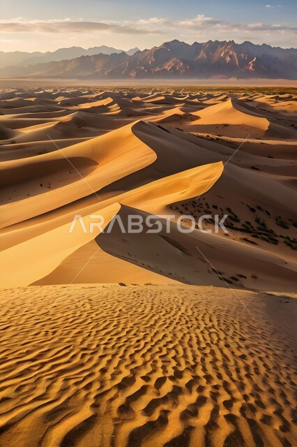 التكوينات والتشكيلات من الرمال الذهبية الناعمة في الصحراء العربية الواسعة في وقت النهار، التضاريس والبيئة الجافة في مناطق الطبيعة الصحراوية، الكثبان والتلال الرملية الناعمة المتشكلة في الصحاري الخليجية