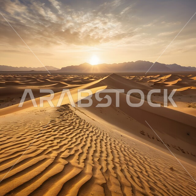 التضاريس والبيئة الجافة في مناطق الطبيعة الصحراوية، الكثبان والتلال الرملية الناعمة المتشكلة في الصحاري الخليجية, التكوينات والتشكيلات من الرمال الذهبية الناعمة في الصحراء العربية الواسعة في وقت النهار