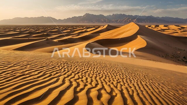 Topography and dry environment in desert nature areas, dunes and soft sand hills formed in the Gulf deserts, formations and formations of soft golden sand in the vast Arabian desert during the day
