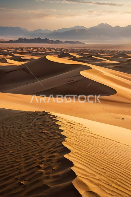 التضاريس والبيئة الجافة في مناطق الطبيعة الصحراوية، الكثبان والتلال الرملية الناعمة المتشكلة في الصحاري الخليجية, التكوينات والتشكيلات من الرمال الذهبية الناعمة في الصحراء العربية الواسعة في وقت النهار