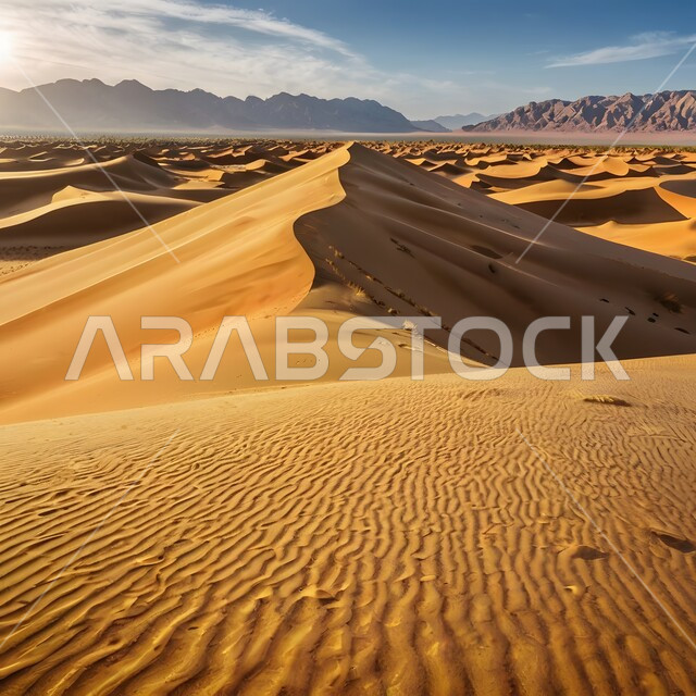 Topography and dry environment in desert nature areas, dunes and soft sand hills formed in the Gulf deserts, formations and formations of soft golden sand in the vast Arabian desert during the day