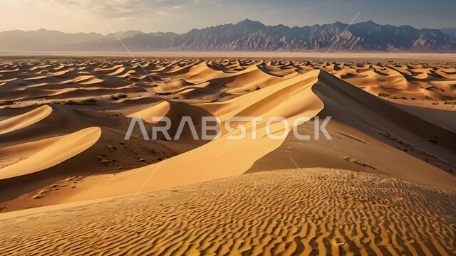 التضاريس والبيئة الجافة في مناطق الطبيعة الصحراوية، الكثبان والتلال الرملية الناعمة المتشكلة في الصحاري الخليجية, التكوينات والتشكيلات من الرمال الذهبية الناعمة في الصحراء العربية الواسعة في وقت النهار