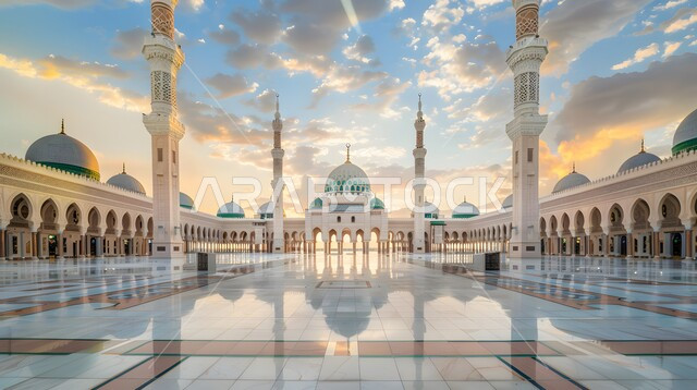 قبب ومآذن أحد المساجد في المملكة العربية السعودية في النهار، مفهوم العبادة والتقرب إلى الله، أماكن اسلامية مقدسة، نداء المسلمين لأداء الصلوات والفرائض الدينية، الفن الهندسي المعماري على الطراز الإسلامي الحديث