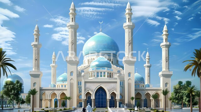 قبب ومآذن أحد المساجد في المملكة العربية السعودية في النهار، مفهوم العبادة والتقرب إلى الله، أماكن اسلامية مقدسة، نداء المسلمين لأداء الصلوات والفرائض الدينية، الفن الهندسي المعماري على الطراز الإسلامي الحديث