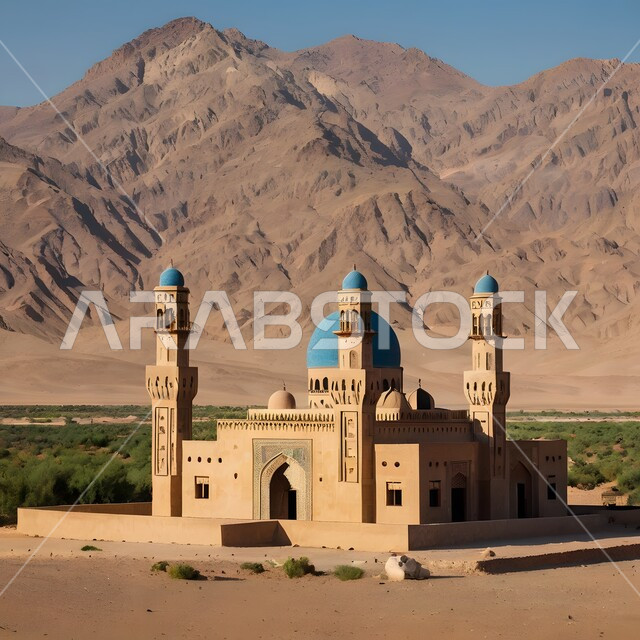 مسجد طيني مبني على الطراز الإسلامي القديم، المآذن الشامخة وسط الصحراء العربية الواسعة، التشكيلات والتكوينات للكثبان الرملية الناعمة في وقت النهار، التضاريس الجبلية والمرتفعات الصخرية في مناطق الطبيعة الصحراوية الجافة، مكان أداء العبادات والفرائض والصلوات