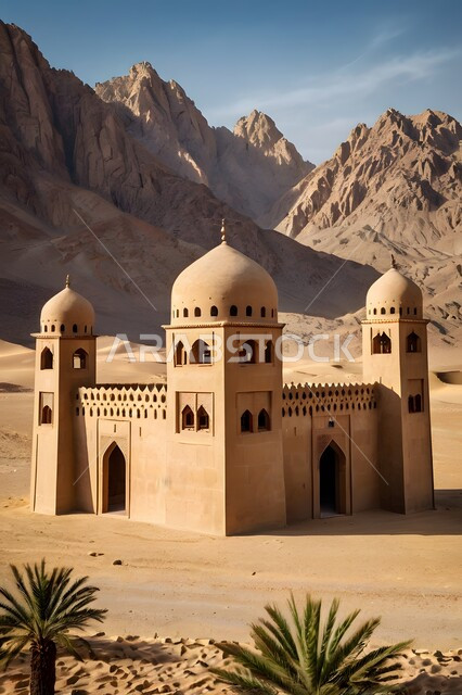 مسجد طيني مبني على الطراز الإسلامي القديم، المآذن الشامخة وسط الصحراء العربية الواسعة، التشكيلات والتكوينات للكثبان الرملية الناعمة في وقت النهار، التضاريس الجبلية والمرتفعات الصخرية في مناطق الطبيعة الصحراوية الجافة، مكان أداء العبادات والفرائض والصلوات