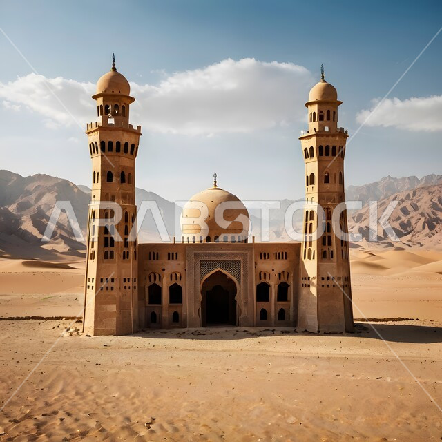 مسجد طيني مبني على الطراز الإسلامي القديم، المآذن الشامخة وسط الصحراء العربية الواسعة، التشكيلات والتكوينات للكثبان الرملية الناعمة في وقت النهار، التضاريس الجبلية والمرتفعات الصخرية في مناطق الطبيعة الصحراوية الجافة، مكان أداء العبادات والفرائض والصلوات