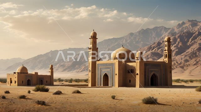 مسجد طيني مبني على الطراز الإسلامي القديم، المآذن الشامخة وسط الصحراء العربية الواسعة، التشكيلات والتكوينات للكثبان الرملية الناعمة في وقت النهار، التضاريس الجبلية والمرتفعات الصخرية في مناطق الطبيعة الصحراوية الجافة، مكان أداء العبادات والفرائض والصلوات