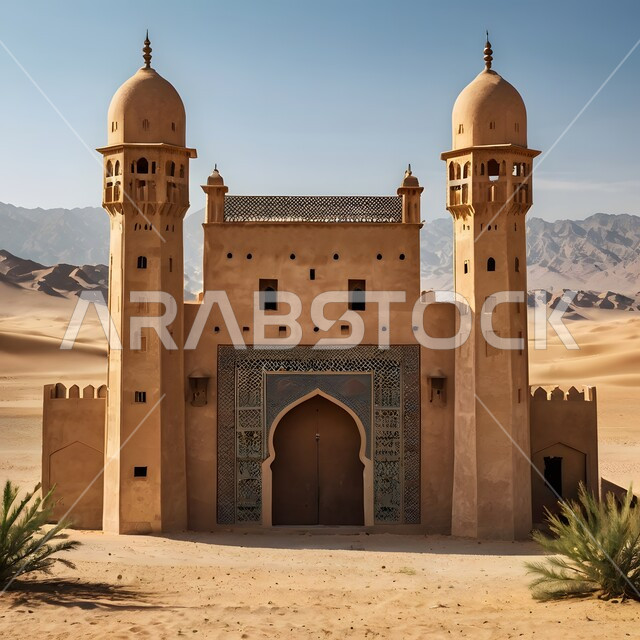 مسجد طيني مبني على الطراز الإسلامي القديم، المآذن الشامخة وسط الصحراء العربية الواسعة، التشكيلات والتكوينات للكثبان الرملية الناعمة في وقت النهار، التضاريس الجبلية والمرتفعات الصخرية في مناطق الطبيعة الصحراوية الجافة، مكان أداء العبادات والفرائض والصلوات