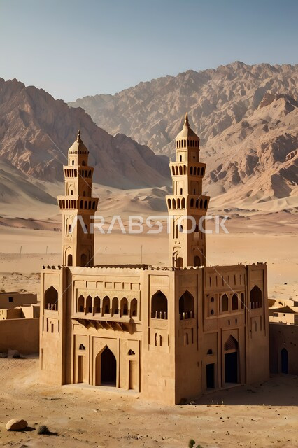 Towering minarets in the middle of the vast Arabian desert, a mud mosque built in the old Islamic style, the formations and configurations of soft sand dunes during the day, the mountainous terrain and rocky heights in the dry desert natural areas, a place for performing worship, religious duties and prayers