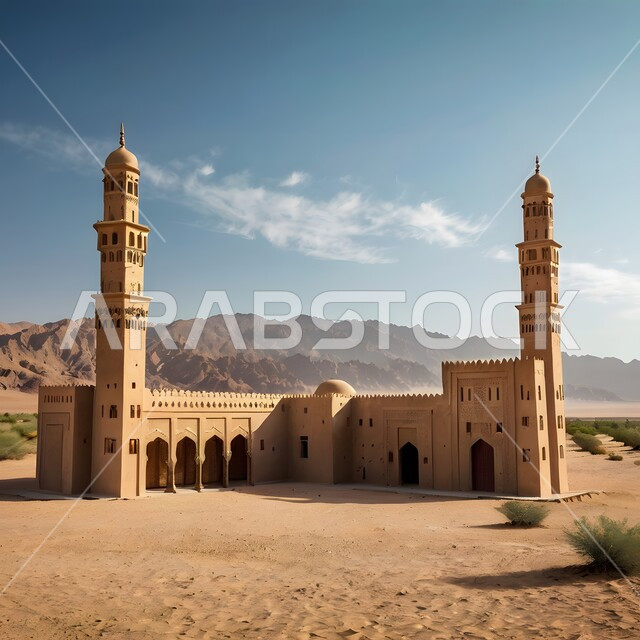 المآذن الشامخة وسط الصحراء العربية الواسعة، مسجد طيني مبني على الطراز الإسلامي القديم، التشكيلات والتكوينات للكثبان الرملية الناعمة في وقت النهار، التضاريس الجبلية والمرتفعات الصخرية في مناطق الطبيعة الصحراوية الجافة، مكان أداء العبادات والفرائض والصلوات