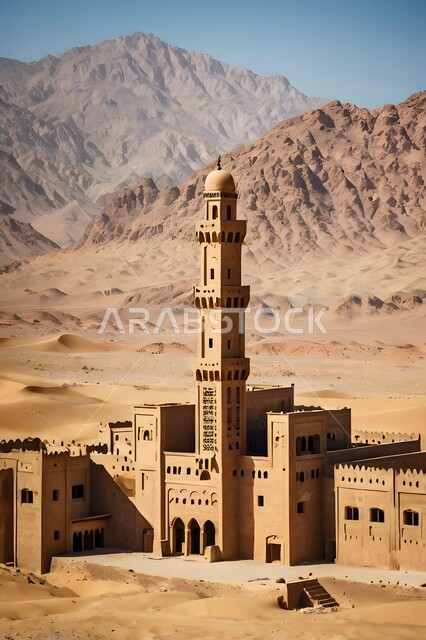 المآذن الشامخة وسط الصحراء العربية الواسعة، مسجد طيني مبني على الطراز الإسلامي القديم، التشكيلات والتكوينات للكثبان الرملية الناعمة في وقت النهار، التضاريس الجبلية والمرتفعات الصخرية في مناطق الطبيعة الصحراوية الجافة، مكان أداء العبادات والفرائض والصلوات