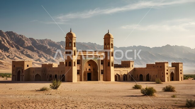 المآذن الشامخة وسط الصحراء العربية الواسعة، مسجد طيني مبني على الطراز الإسلامي القديم، التشكيلات والتكوينات للكثبان الرملية الناعمة في وقت النهار، التضاريس الجبلية والمرتفعات الصخرية في مناطق الطبيعة الصحراوية الجافة، مكان أداء العبادات والفرائض والصلوات