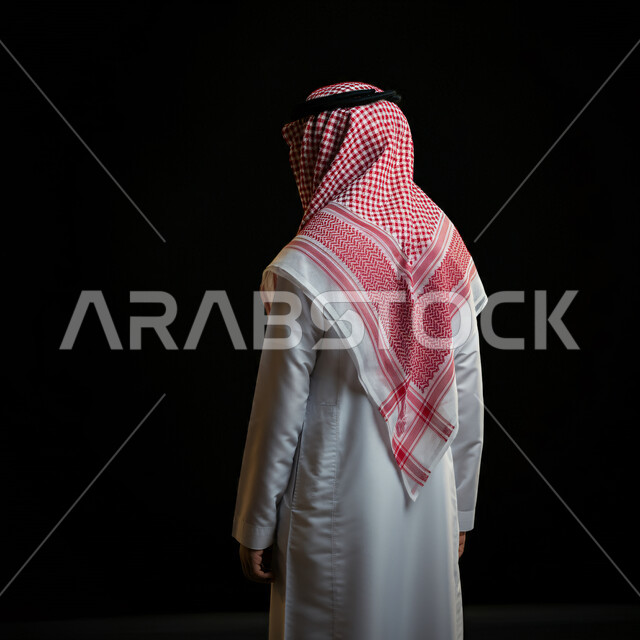 القوة والثقة بالنفس، بورتريه من الخلف لشاب عربي خليجي سعودي يرتدي الثوب التقليدي والشماغ يقف باستقامة ينظر إلى شيء ما، مفهوم الأناقة والاهتمام بالمظهر الخارجي، خلفية سوداء