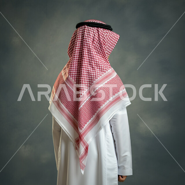القوة والثقة بالنفس، بورتريه من الخلف لشاب عربي خليجي سعودي يرتدي الثوب التقليدي والشماغ يقف باستقامة ينظر إلى شيء ما، مفهوم الأناقة والاهتمام بالمظهر الخارجي، خلفية رمادية