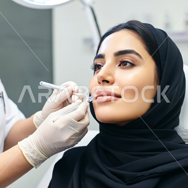 جلسات العناية بالبشرة، مفهوم الجمال والاهتمام بالمظهر الخارجي عند النساء، استخدام مكونات و مستحضرات تجميلية، صورة مقربة لامرأة عربية خليجية سعودية محجبة تقوم بحقن إبر الفيلر في شفاهها، التقنيات العصرية الحديثة في عالم التجميل