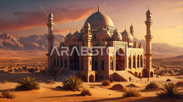 الفن الهندسي المعماري في بناء المآذن والقبب الشامخة وسط الصحراء العربية، مجسم ثلاثي الأبعاد لمسجد على الطراز الإسلامي المعاصر، التضاريس الجافة في مناطق الطبيعة الصحراوية، أداء العبادات والفرائض والتقرب إلى الله، الرمال الذهبية اللامعة في وقت الغروب