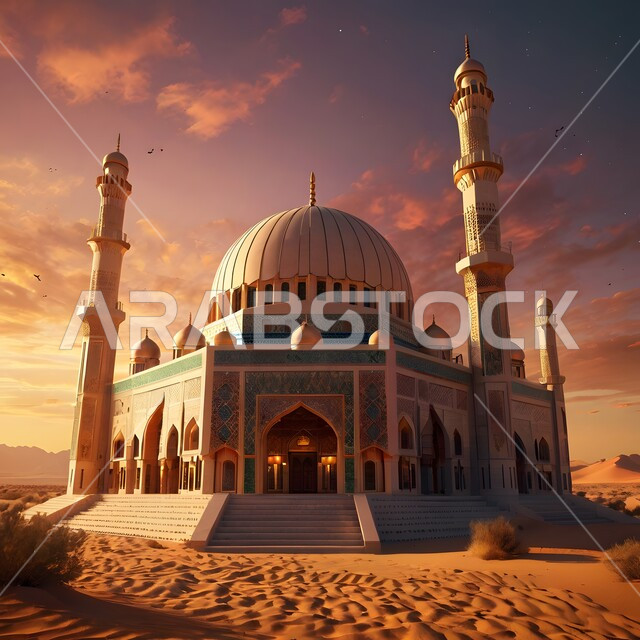الفن الهندسي المعماري في بناء المآذن والقبب الشامخة وسط الصحراء العربية، مجسم ثلاثي الأبعاد لمسجد على الطراز الإسلامي المعاصر، التضاريس الجافة في مناطق الطبيعة الصحراوية، أداء العبادات والفرائض والتقرب إلى الله، الرمال الذهبية اللامعة في وقت الغروب