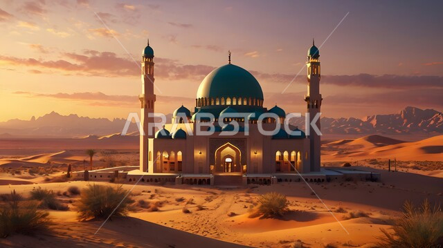 الفن الهندسي المعماري في بناء المآذن والقبب الشامخة وسط الصحراء العربية، مجسم ثلاثي الأبعاد لمسجد على الطراز الإسلامي المعاصر، التضاريس الجافة في مناطق الطبيعة الصحراوية، أداء العبادات والفرائض والتقرب إلى الله، الرمال الذهبية اللامعة في وقت الغروب