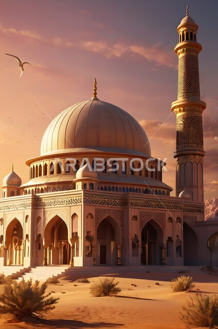الفن الهندسي المعماري في بناء المآذن والقبب الشامخة وسط الصحراء العربية، مجسم ثلاثي الأبعاد لمسجد على الطراز الإسلامي المعاصر، التضاريس الجافة في مناطق الطبيعة الصحراوية، أداء العبادات والفرائض والتقرب إلى الله، الرمال الذهبية اللامعة في وقت الغروب