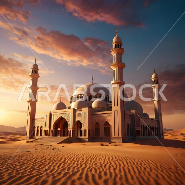 الفن الهندسي المعماري في بناء المآذن والقبب الشامخة وسط الصحراء العربية، مجسم ثلاثي الأبعاد لمسجد على الطراز الإسلامي المعاصر، التضاريس الجافة في مناطق الطبيعة الصحراوية، أداء العبادات والفرائض والتقرب إلى الله، الرمال الذهبية اللامعة في وقت الغروب