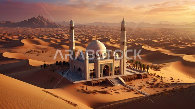 الفن الهندسي المعماري في بناء المآذن والقبب الشامخة وسط الصحراء العربية، مجسم ثلاثي الأبعاد لمسجد على الطراز الإسلامي المعاصر، التضاريس الجافة في مناطق الطبيعة الصحراوية، أداء العبادات والفرائض والتقرب إلى الله، الرمال الذهبية اللامعة في وقت الغروب