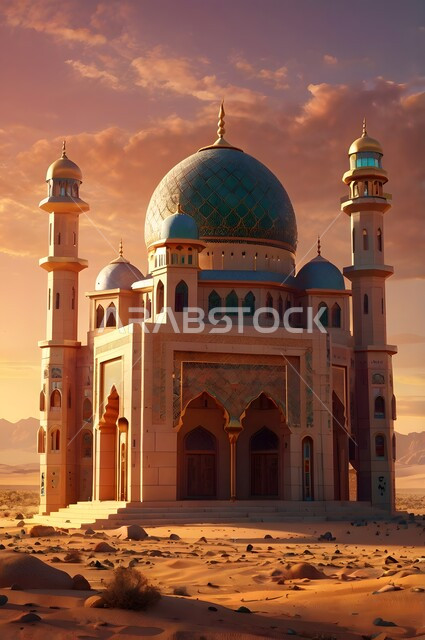 الفن الهندسي المعماري في بناء المآذن والقبب الشامخة وسط الصحراء العربية، مجسم ثلاثي الأبعاد لمسجد على الطراز الإسلامي المعاصر، التضاريس الجافة في مناطق الطبيعة الصحراوية، أداء العبادات والفرائض والتقرب إلى الله، الرمال الذهبية اللامعة في وقت الغروب