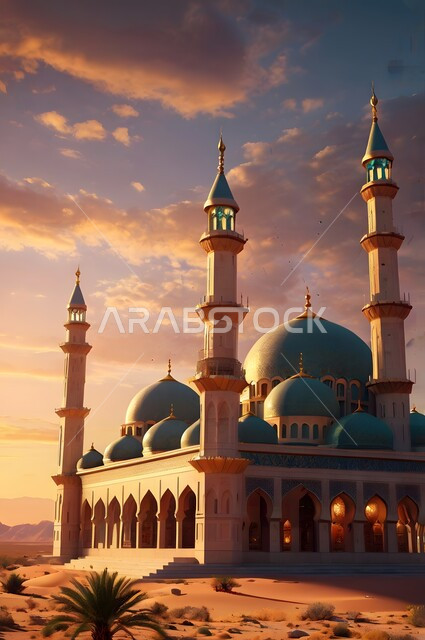 الفن الهندسي المعماري في بناء المآذن والقبب الشامخة وسط الصحراء العربية، مجسم ثلاثي الأبعاد لمسجد على الطراز الإسلامي المعاصر، التضاريس الجافة في مناطق الطبيعة الصحراوية، أداء العبادات والفرائض والتقرب إلى الله، الرمال الذهبية اللامعة في وقت الغروب
