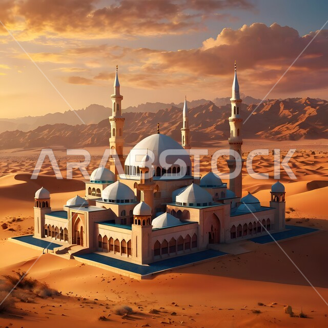 الفن الهندسي المعماري في بناء المآذن والقبب الشامخة وسط الصحراء العربية، مجسم ثلاثي الأبعاد لمسجد على الطراز الإسلامي المعاصر، التضاريس الجافة في مناطق الطبيعة الصحراوية، أداء العبادات والفرائض والتقرب إلى الله، الرمال الذهبية اللامعة في وقت الغروب