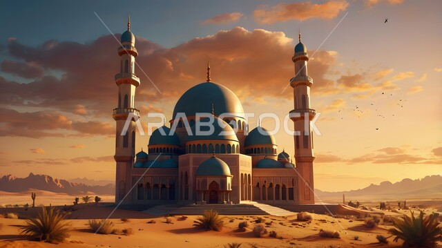 الفن الهندسي المعماري في بناء المآذن والقبب الشامخة وسط الصحراء العربية، مجسم ثلاثي الأبعاد لمسجد على الطراز الإسلامي المعاصر، التضاريس الجافة في مناطق الطبيعة الصحراوية، أداء العبادات والفرائض والتقرب إلى الله، الرمال الذهبية اللامعة في وقت الغروب
