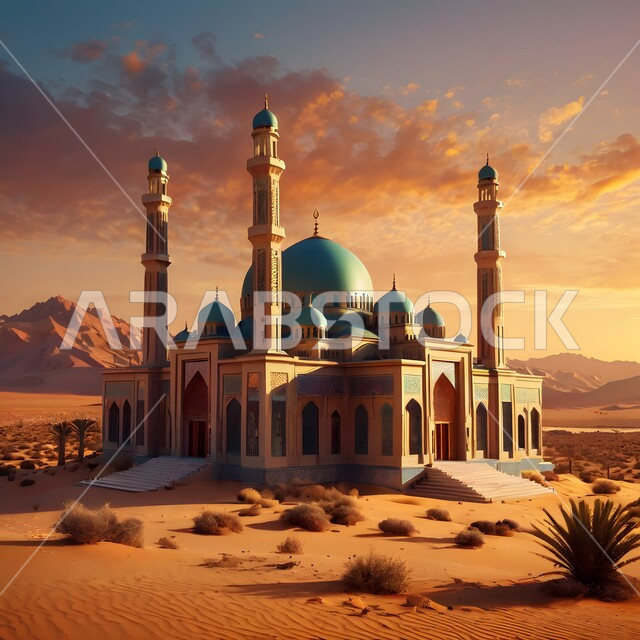 الفن الهندسي المعماري في بناء المآذن والقبب الشامخة وسط الصحراء العربية، مجسم ثلاثي الأبعاد لمسجد على الطراز الإسلامي المعاصر، التضاريس الجافة في مناطق الطبيعة الصحراوية، أداء العبادات والفرائض والتقرب إلى الله، الرمال الذهبية اللامعة في وقت الغروب