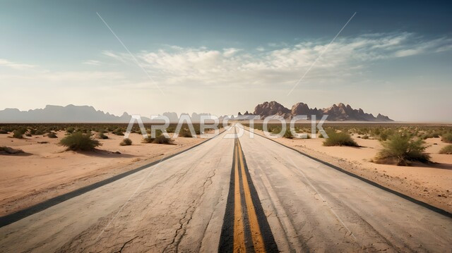 تسهيل التنقلات بين المناطق البرية والمدن، التطور والنمو العمراني في صحاري المملكة, شارع معبد لمرور السيارات وتسريع حركة المسافرين, طريق اسفلتي ممتد على طول الصحراء, تشكلات الكثبان والتلال الرملية, البيئة الصحراوية الجافة في السعودية