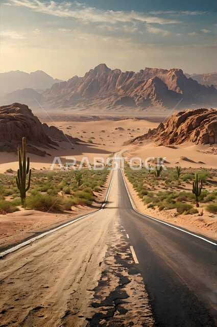 Facilitating movement between wild areas and cities, urban development and growth in the deserts of the Kingdom, paved road for the passage of cars and speeding up the movement of travelers, asphalt road extending along the desert, formations of sand dunes and hills, dry desert environment in Saudi Arabia