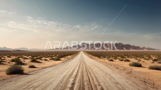 طريق اسفلتي ترابي ممتد على طول الصحراء, تسهيل التنقلات بين المناطق البرية والمدن، التطور والنمو العمراني في صحاري المملكة, شارع معبد لمرور السيارات وتسريع حركة المسافرين,تشكلات الكثبان والتلال الرملية, البيئة الصحراوية الجافة في السعودية