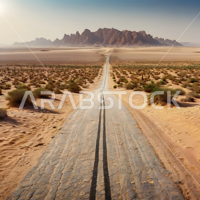 طريق اسفلتي ترابي ممتد على طول الصحراء, تسهيل التنقلات بين المناطق البرية والمدن، التطور والنمو العمراني في صحاري المملكة, شارع معبد لمرور السيارات وتسريع حركة المسافرين,تشكلات الكثبان والتلال الرملية, البيئة الصحراوية الجافة في السعودية